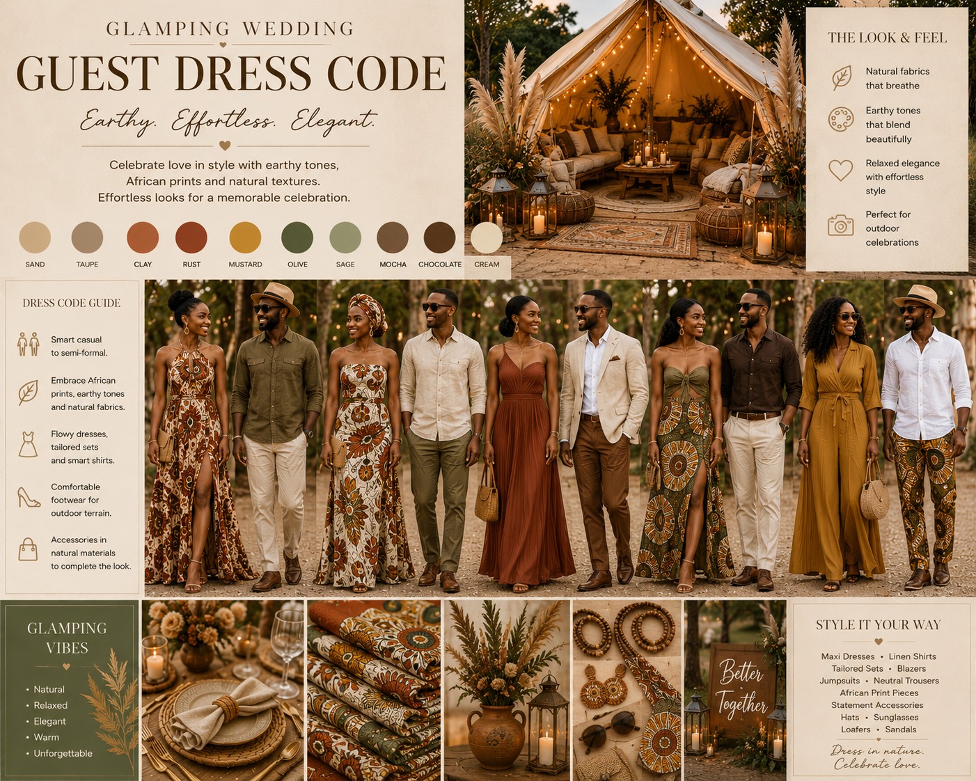 Wedding mood board with earthy terracotta, blush, cream and sage tones